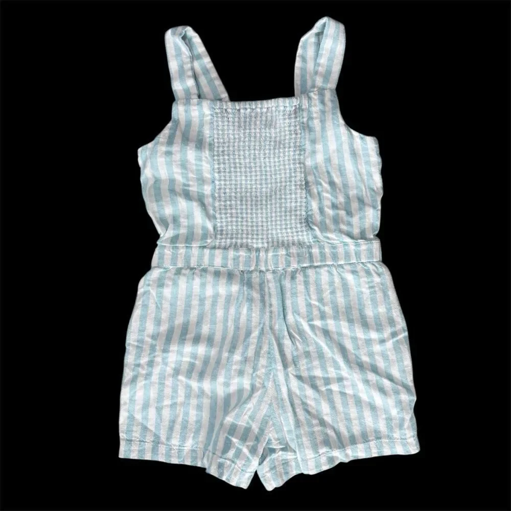 Old Navy | Girls Linen Striped Blue White Button Down Romper Jumpsuit Size L